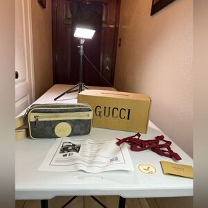 GUCCI Off The Grid Belt Bag GG Nylon Leather Gray Beige 631341 Purse Fanny pack